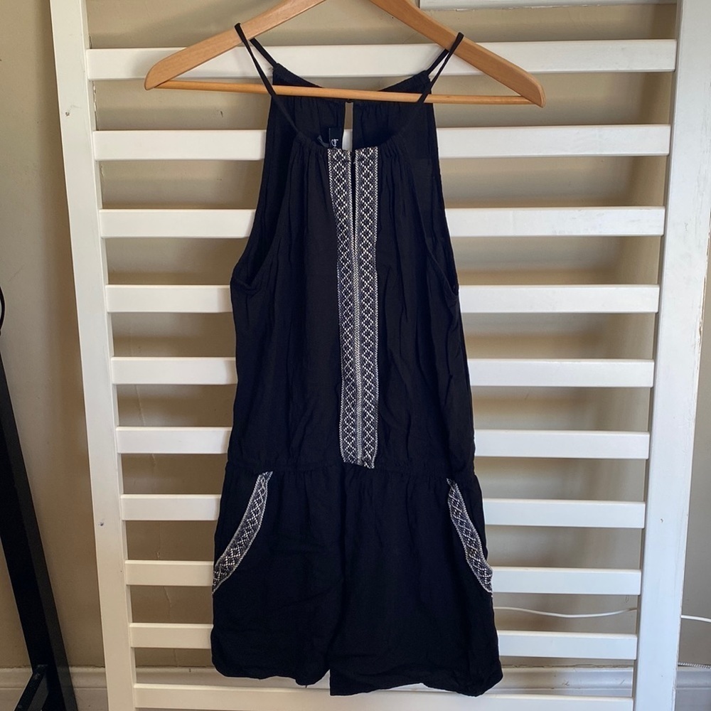 By & By Black Halter Romper Embroidered Front & Pockets Size Medium